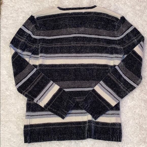 Kikit Striped Sweater Super Soft VNeck Gray Baby Blue White Fuzzy M17 - Picture 3 of 3